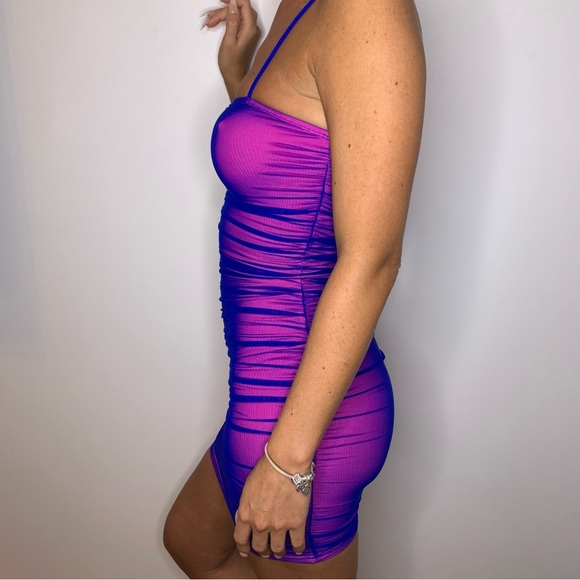 AVAILABLE SIZES - Neon pink and purple mesh overlay ruched Bodycon dress - Picture 2 of 4